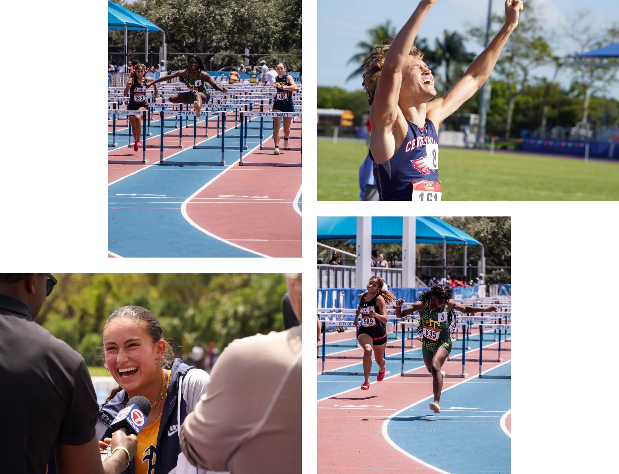 Collage of 2025 highlights: Girls' hurdles (top left), male athlete smiling and pointing to sky in victory (top right), female athlete smiling with news anchor (bottom left), girls' hurdles (bottom right).