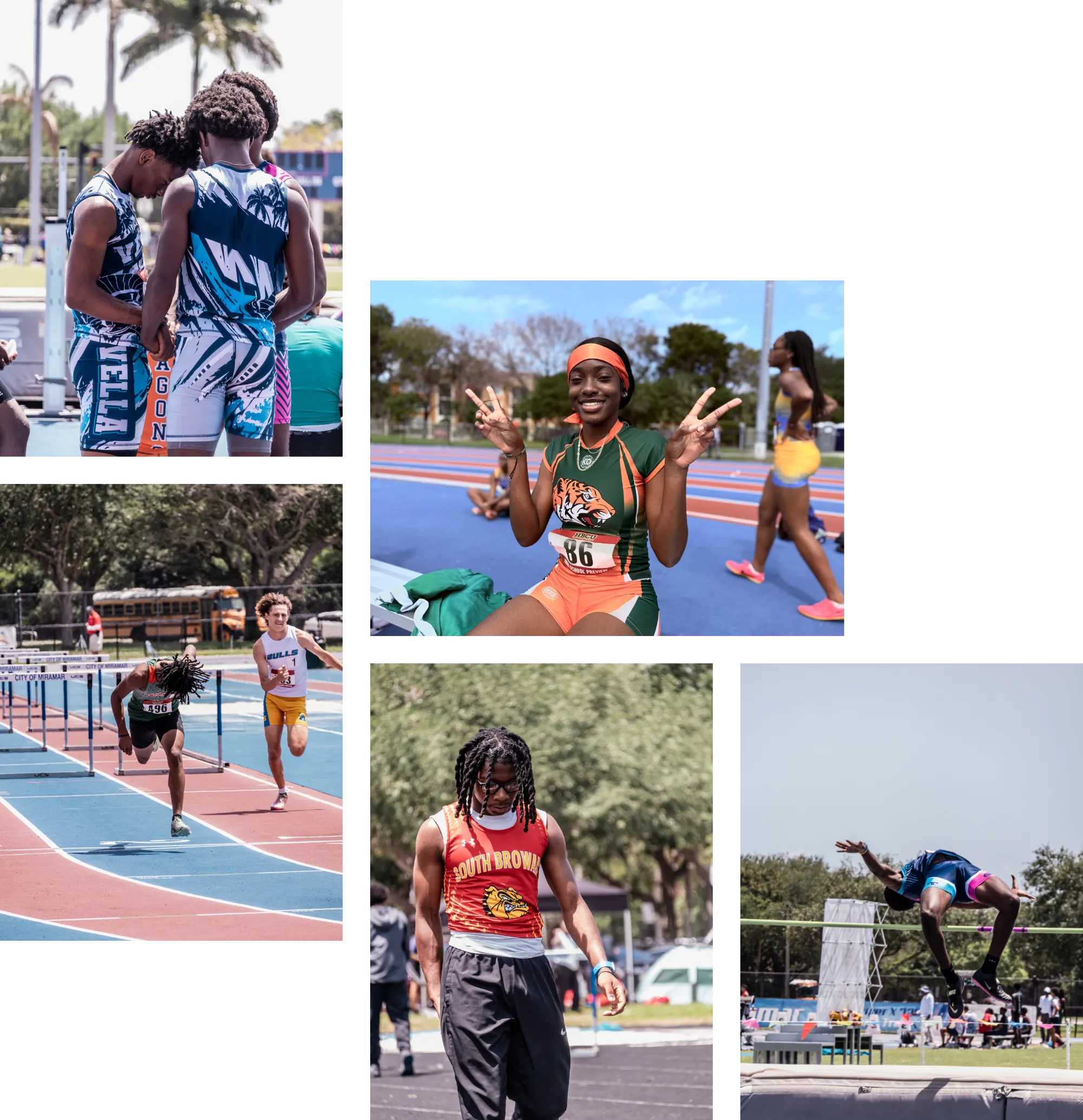 Collage of 2025 highlights: Male athletes in huddle (top left), female athlete smiling and throwing up peace signs (top right), boys' hurdles (bottom left), male athlete walking (bottom middle), male athlete doing high jump (bottom right).